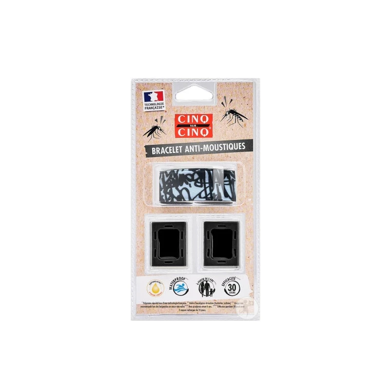 CINQ SUR CINQ BRACELET ANTI MOUSTIQUES NOIR GRAPHITI + 2 RECHARGES
