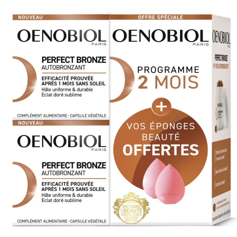 SOLAIRE PERFECT BRONZE AUTOBRONZANT 2X30 CAPS + EPONGES KONJAC OFFERTES OENOBIOL